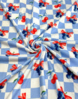 (2X2 YUMMY RIB) CHERRIES AND BLUEBERRIES WITH BOWS ON BLUE AND OFF WHITE CHECKERED