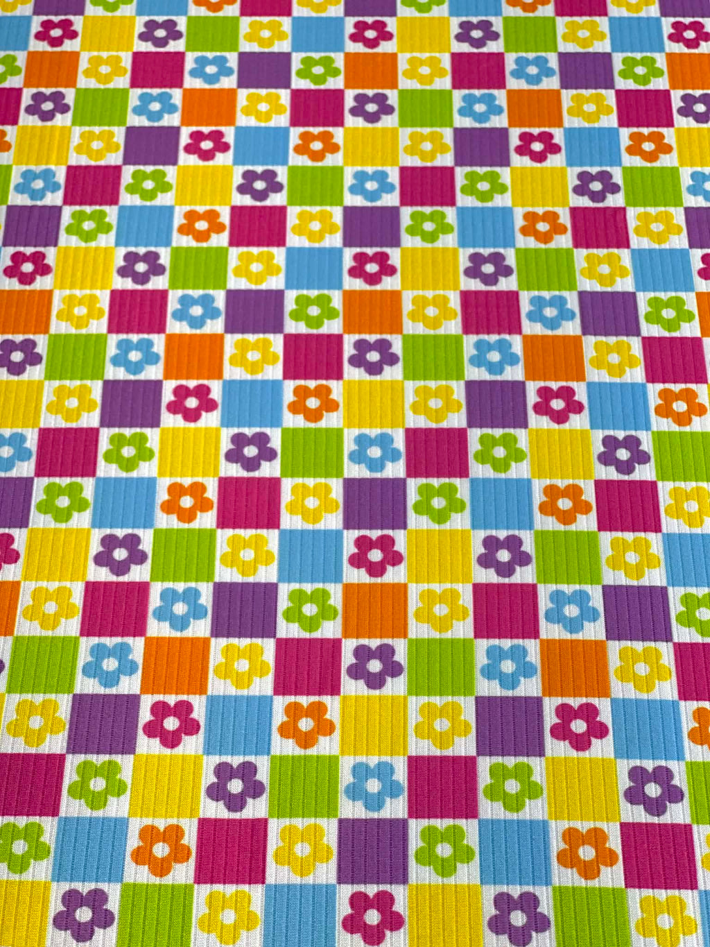 (4X2 YUMMY RIB) BRIGHT COLORFUL FLOWERS AND CHECKERED PATTERN
