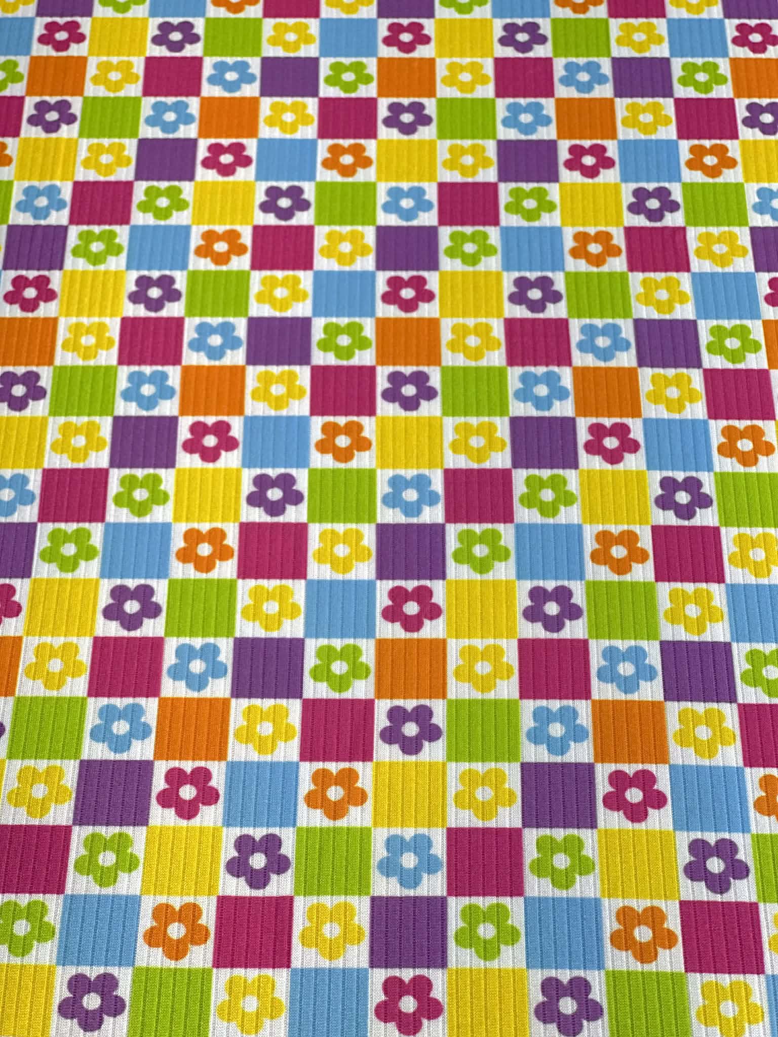 (4X2 YUMMY RIB) BRIGHT COLORFUL FLOWERS AND CHECKERED PATTERN