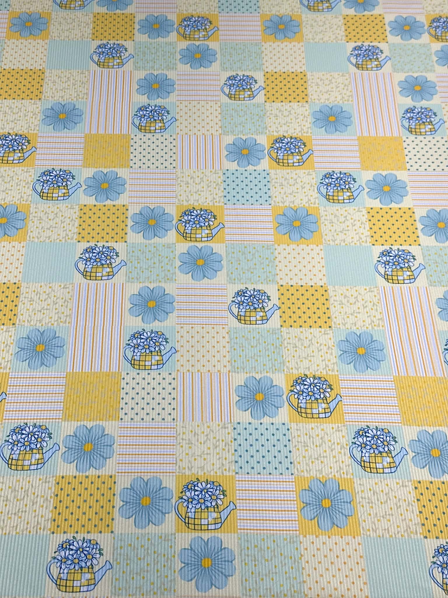 (2X2 RIB) BLUE AND YELLOW FLOWERS, POLKA DOTS AND STRIPES PATTERN(1)