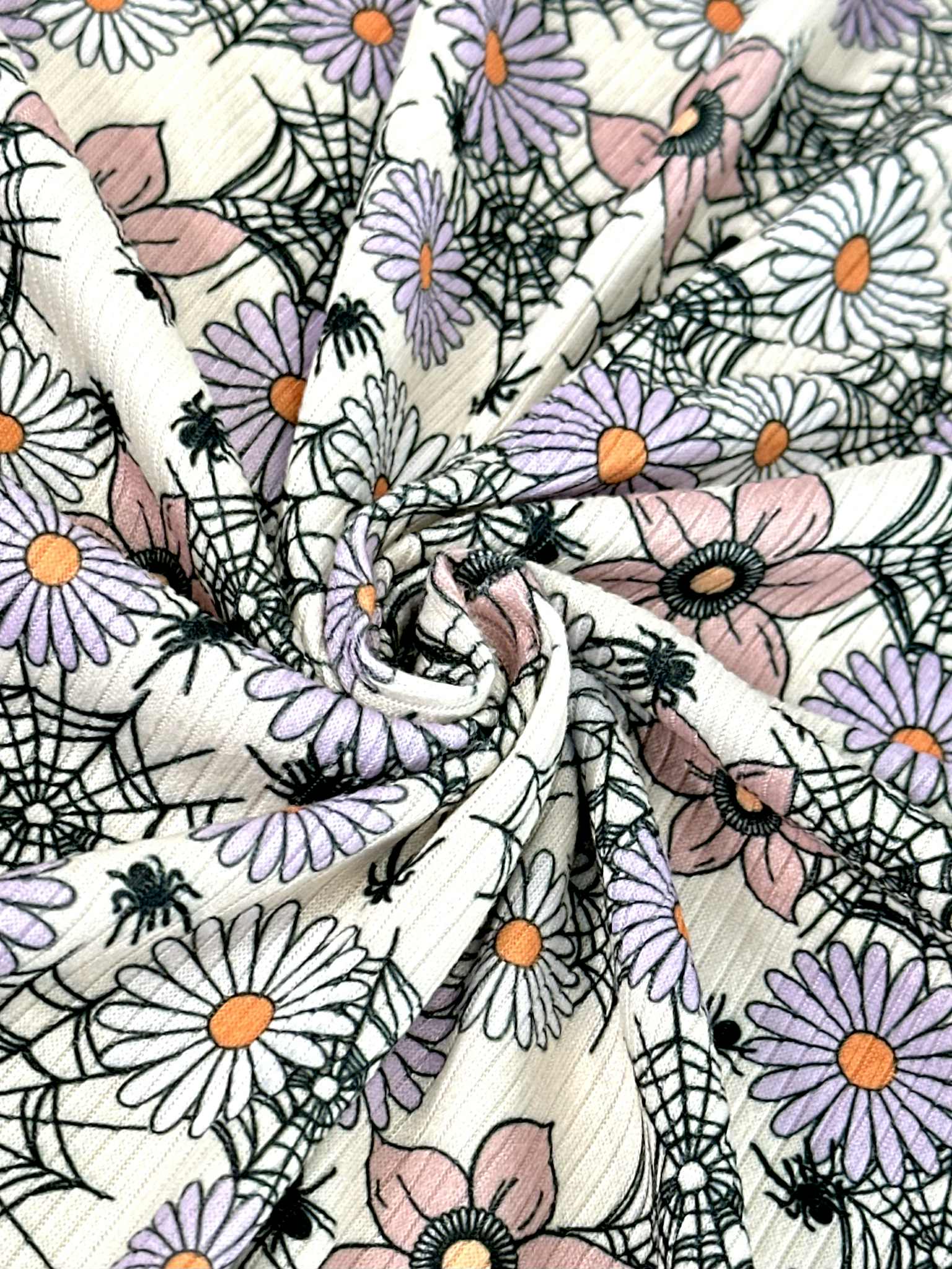 (4X2 RIB) SPIDERWEBS, FLOWERS, AND SPIDERS ON LIGHT CREAM