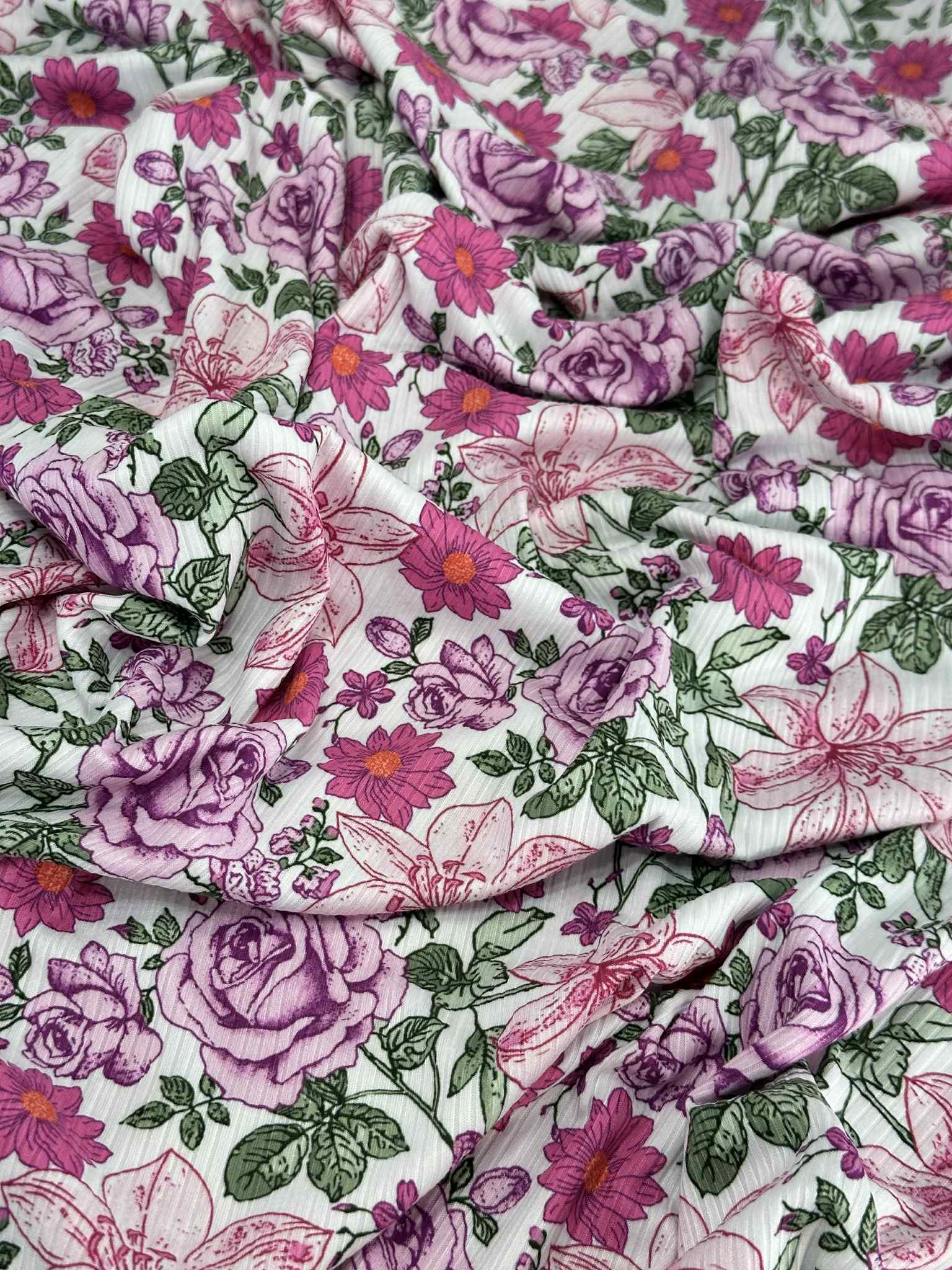 (4X2 RIB) MAGENTA AND PINK HATTIE FLOWERS ON OFF WHITE