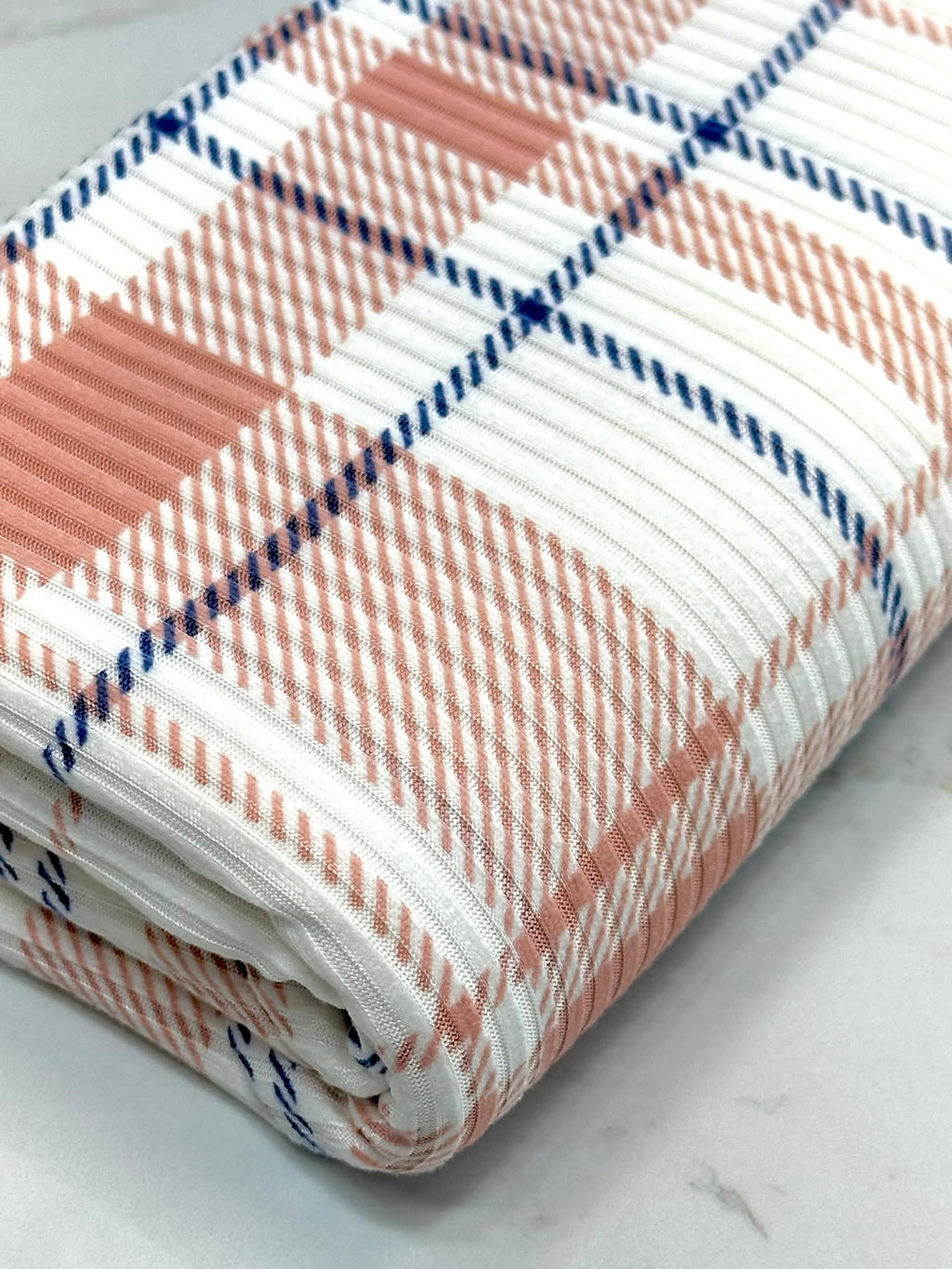 (4X2 YUMMY RIB) DUSTY PINK AND NAVY BLUE PLAID ON OFF WHITE