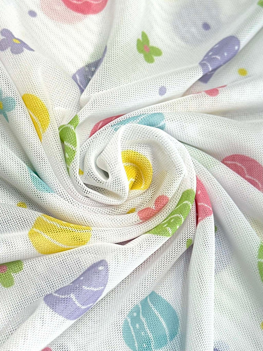 (MESH) PASTEL COLOR EGGS AND TINY FLOWERS ON OFF WHITE