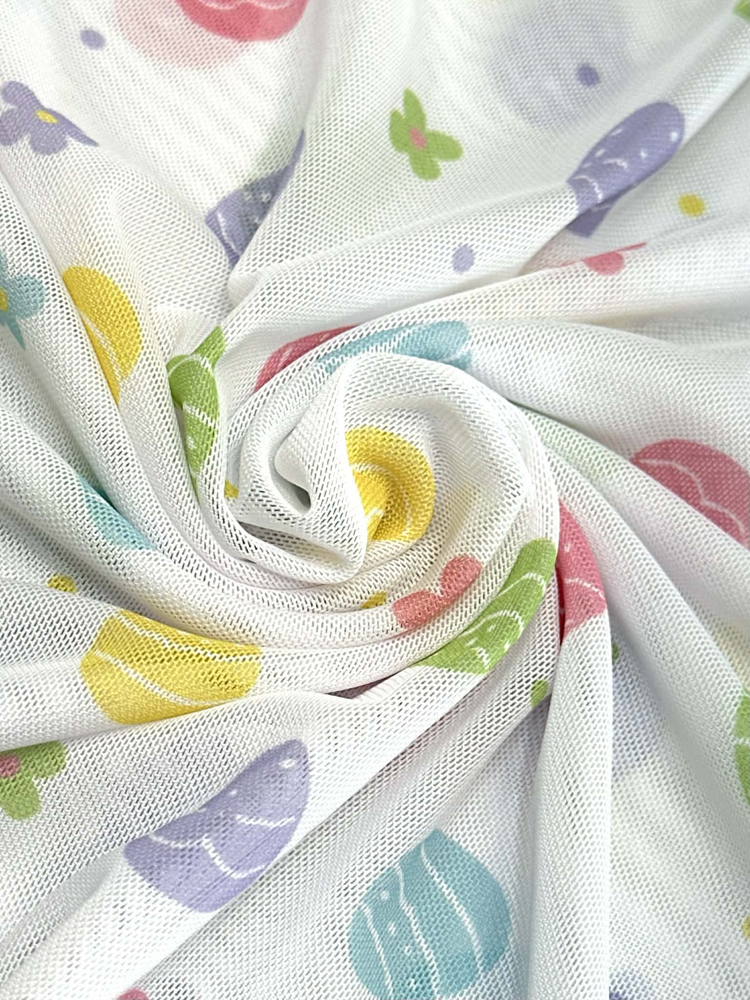 (MESH) PASTEL COLOR EGGS AND TINY FLOWERS ON OFF WHITE
