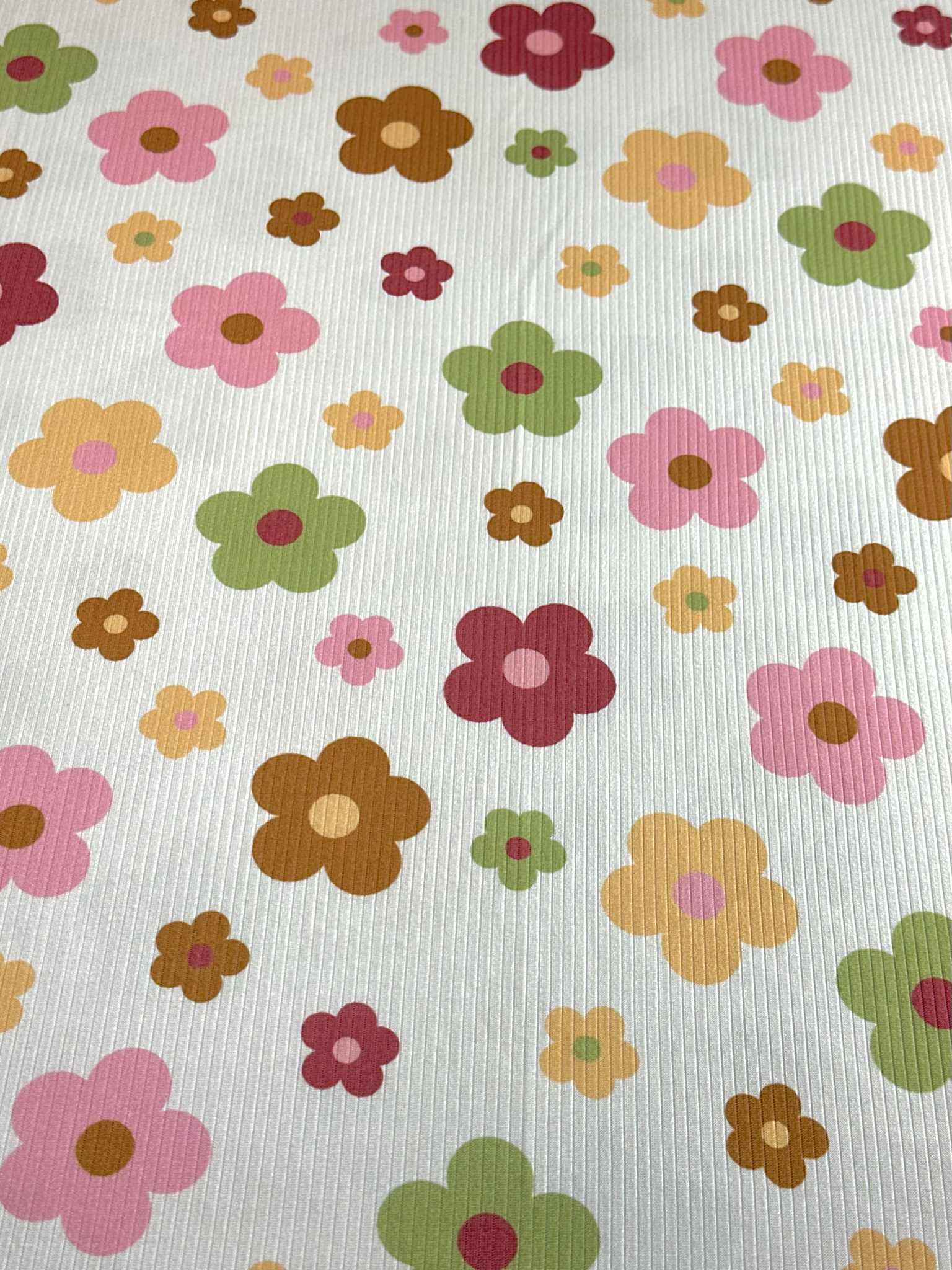 (4X2 RIB) PISTACHIO, BROWN, PINK AND LIGHT MUSTARD DAISIES ON CREAM