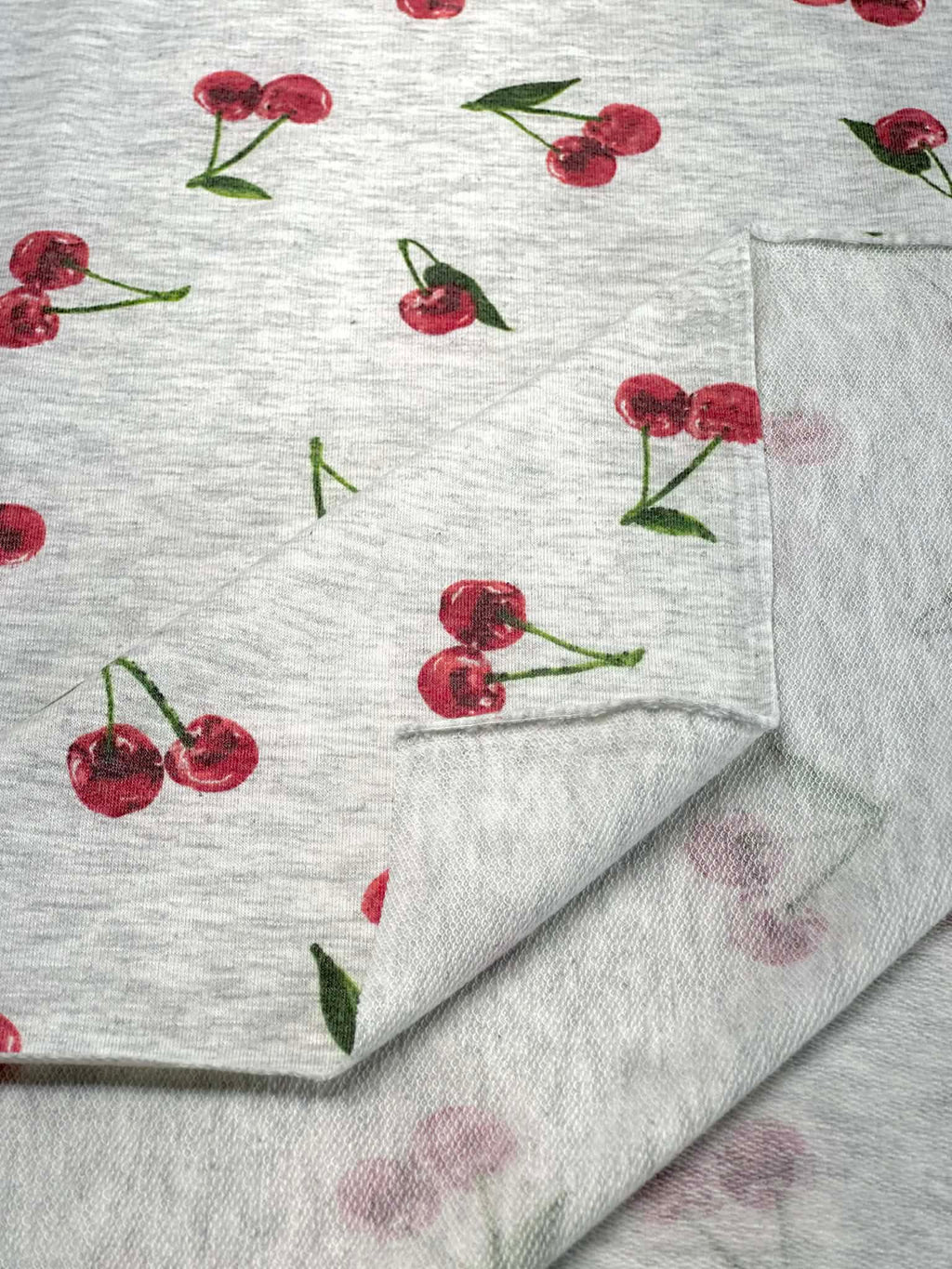 (FRENCH TERRY) RED CHERRIES ON HEATHER GRAY