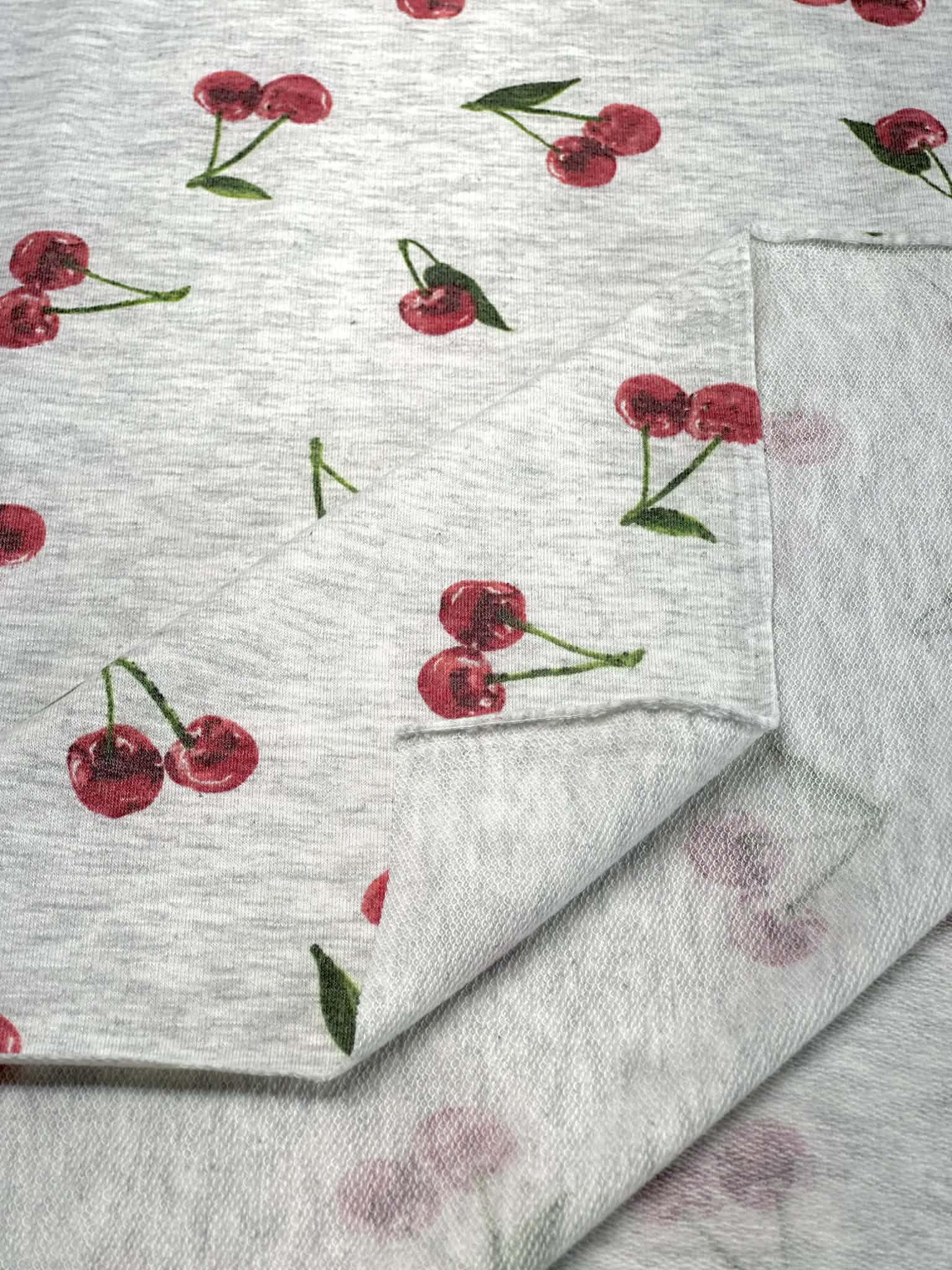 (FRENCH TERRY) RED CHERRIES ON HEATHER GRAY