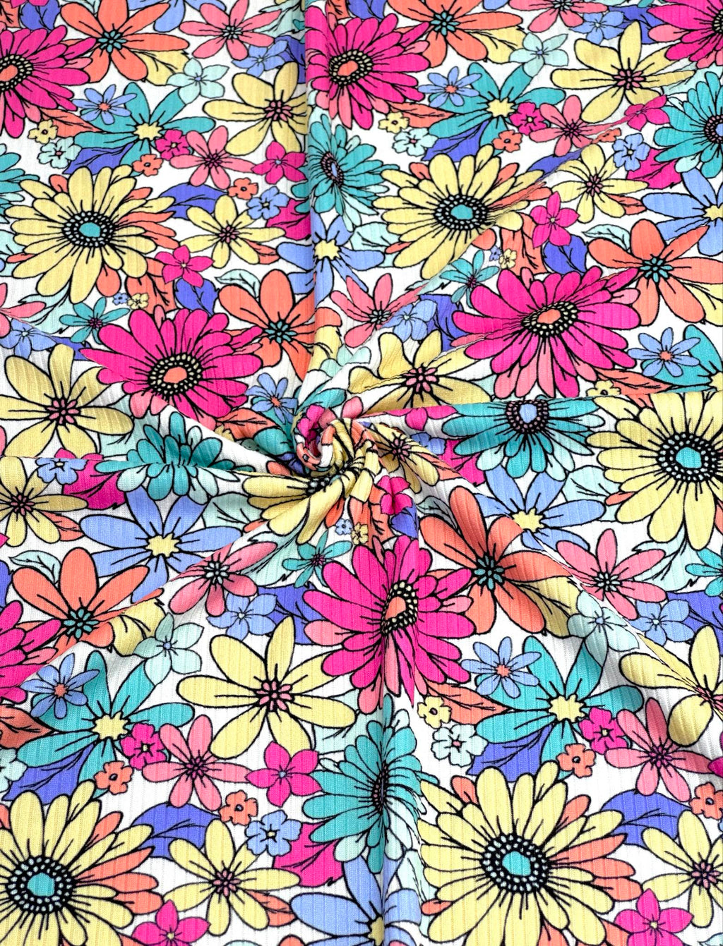 (YUMMY RIB) NEW MINT, LIGHT YELLOW AND FUCHSIA FLOWERS ON WHITE (3)