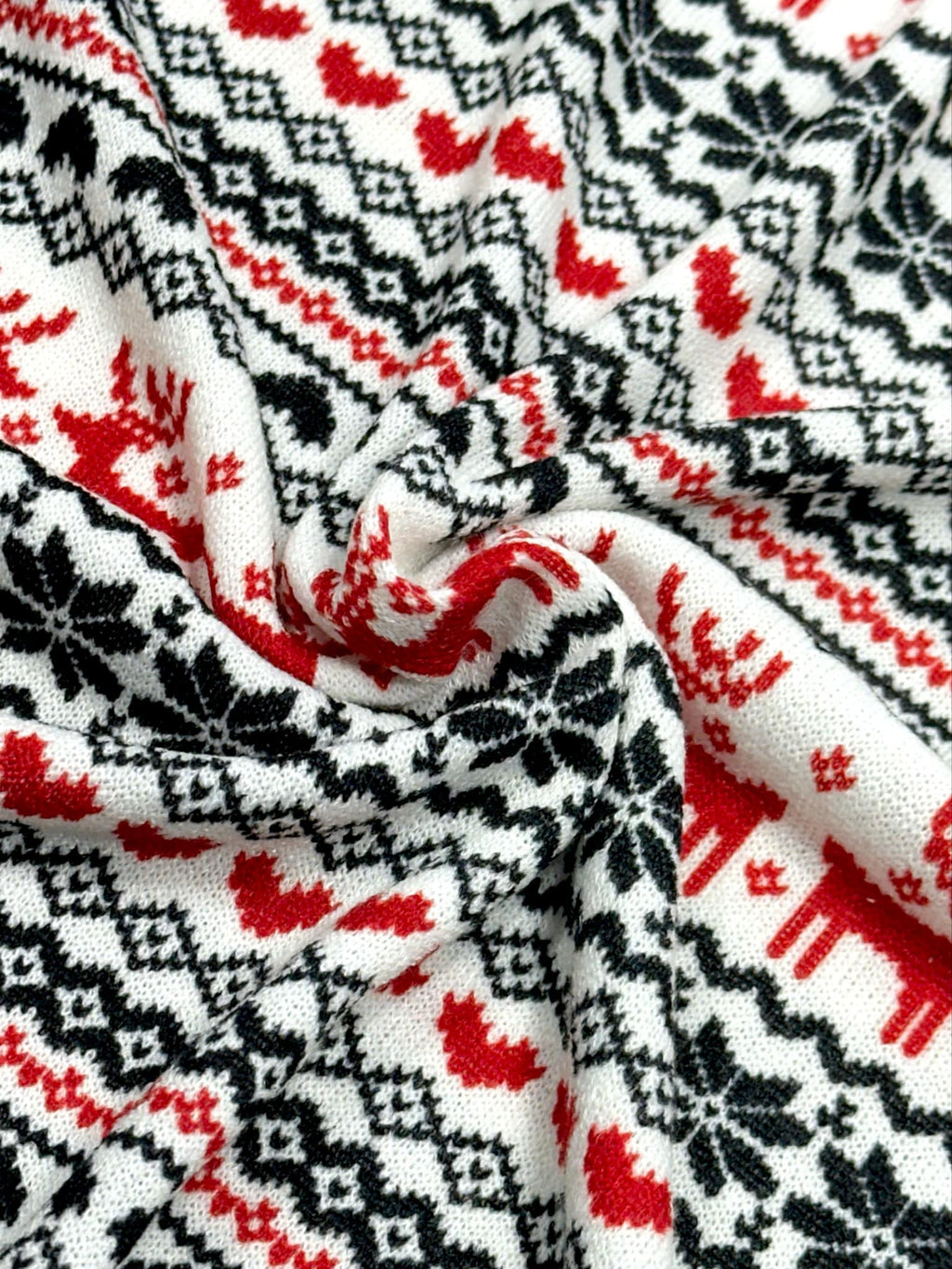 (SWEATER KNIT) RED REINDEER'S AND RED/ BLACK HEARTS ON OFF WHITE