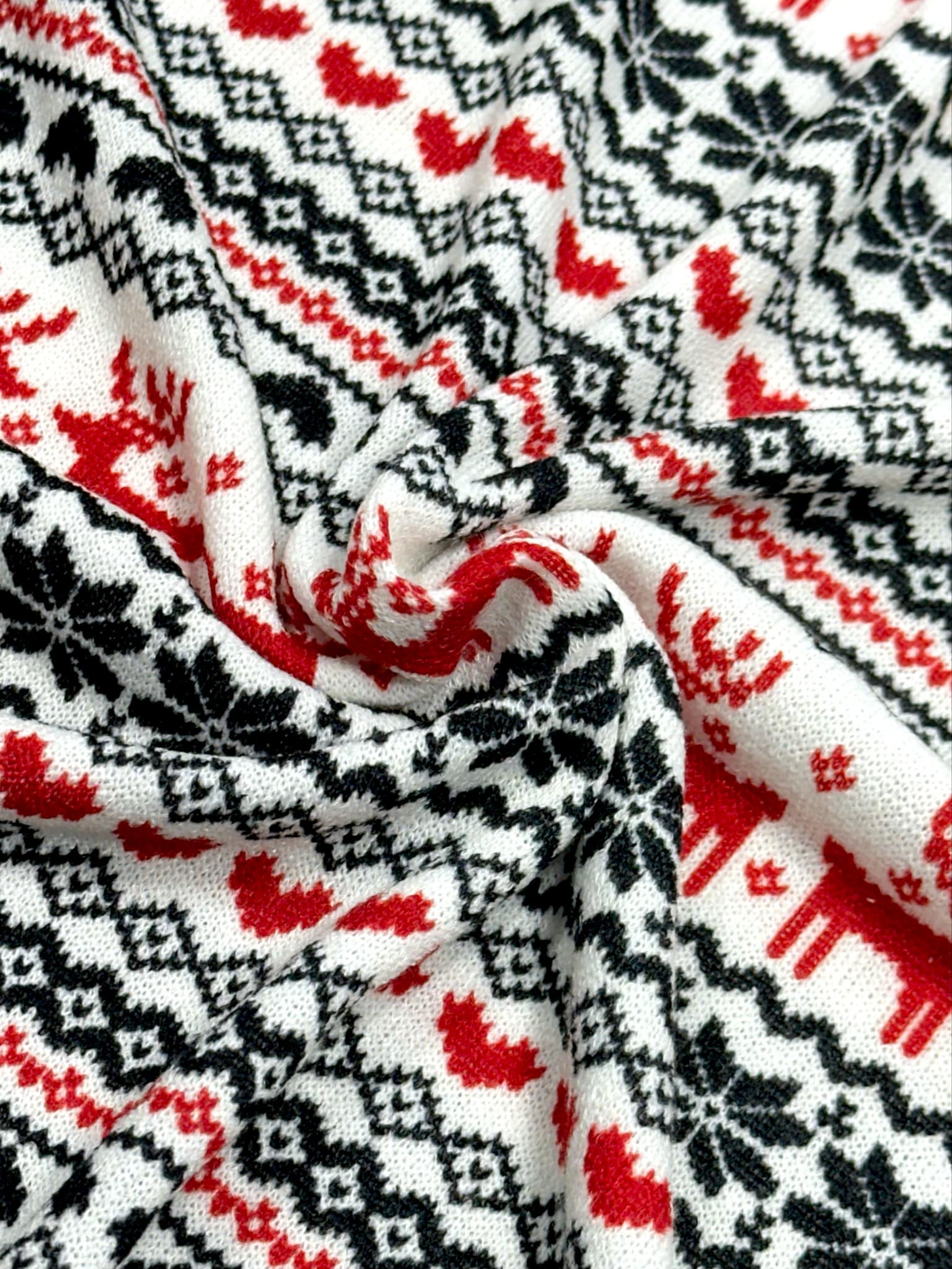 (SWEATER KNIT) RED REINDEER'S AND RED/ BLACK HEARTS ON OFF WHITE