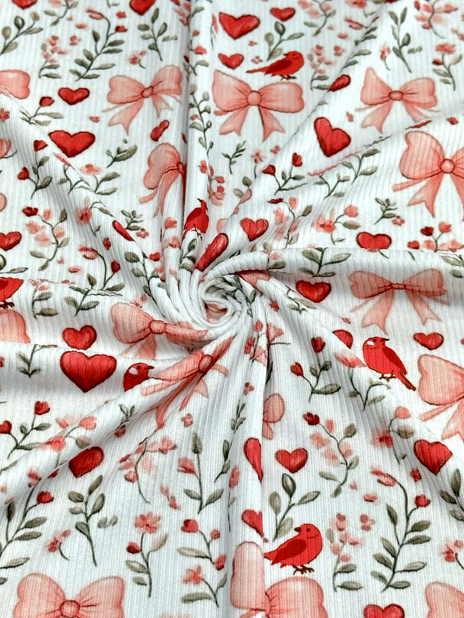 (2X2 BRUSHED RIB) HEARTS, BOWS, FLOWERS, AND RED BIRDS ON OFF WHITE