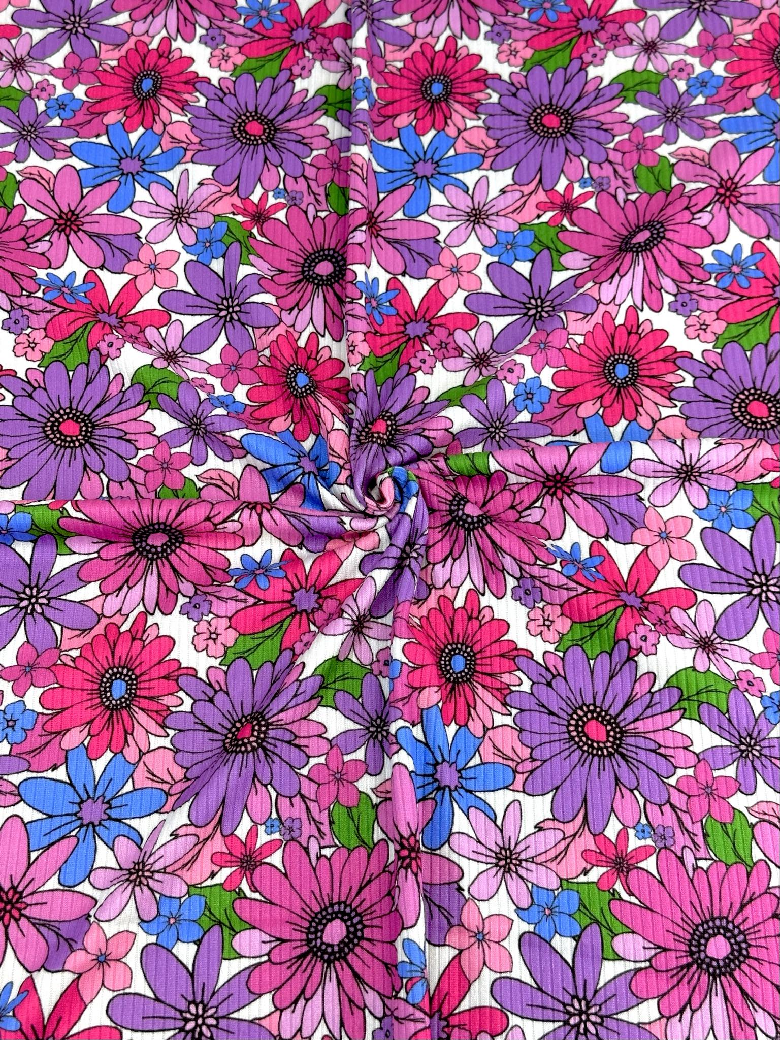 (YUMMY RIB) MAGENTA, PURPLE, FUCHSIA AND BLUE FLOWERS ON WHITE(2)