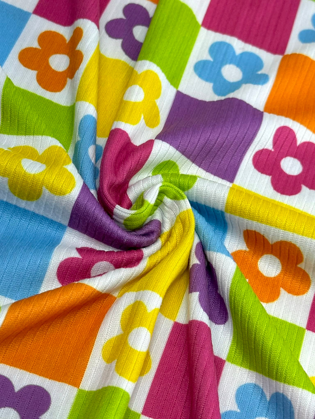 (4X2 YUMMY RIB) MEDIUM BRIGHT COLORFUL FLOWERS AND CHECKERED PATTERN (3)
