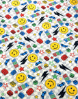 (FRENCH TERRY) YELLOW HAPPY FACES AND SKATEBOARDS ON SILVER CHECKERED WAVE