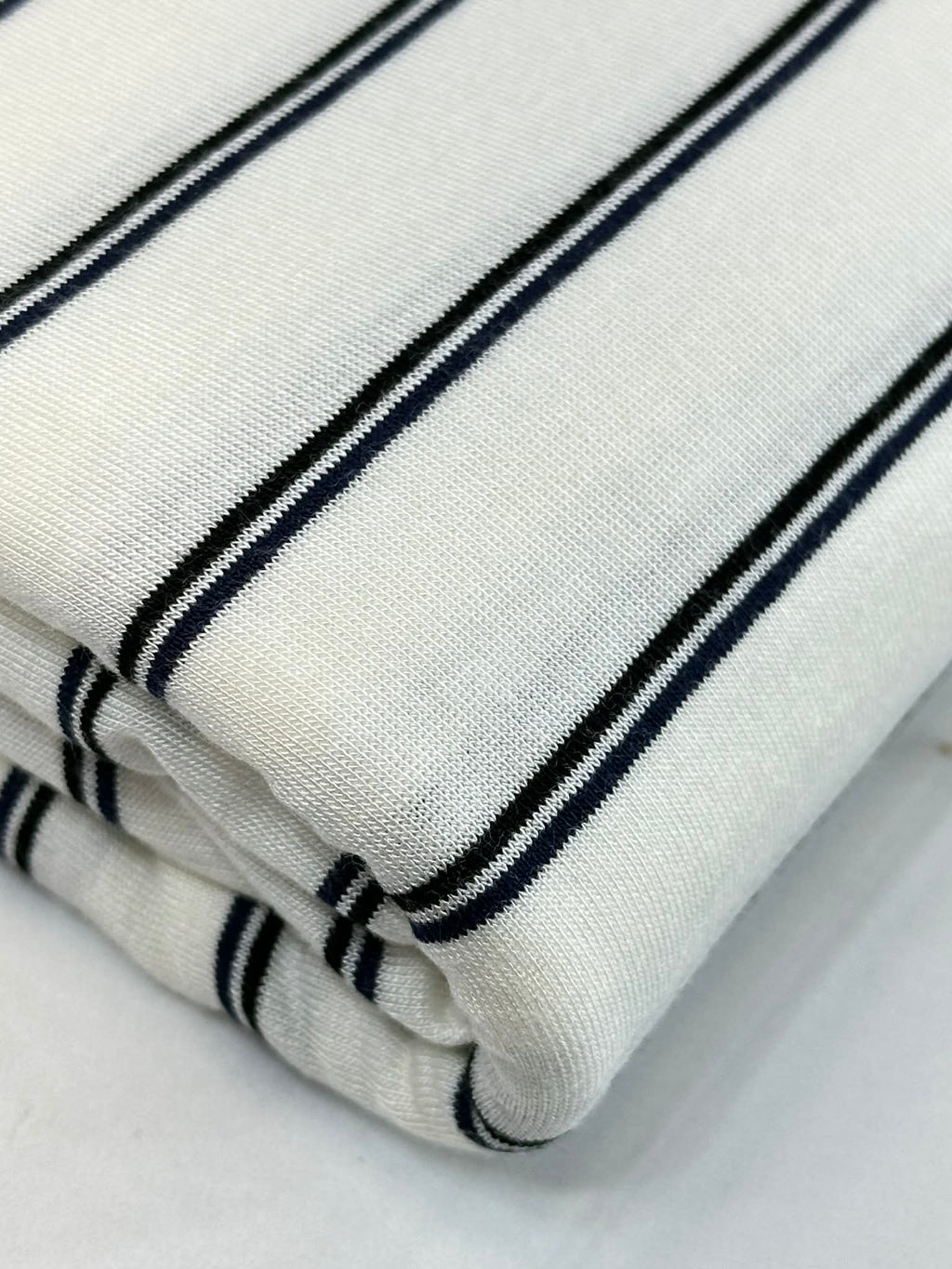 (RAYON MODAL) BLACK AND NAVY STRIPES ON OFF WHITE