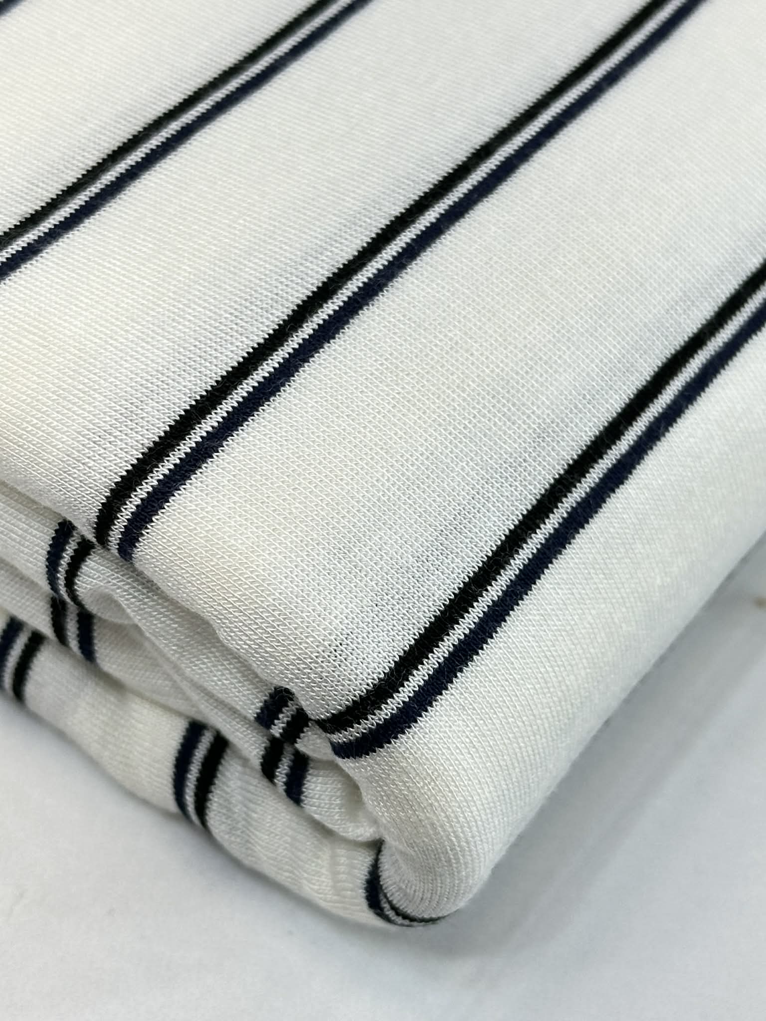 (RAYON MODAL) BLACK AND NAVY STRIPES ON OFF WHITE
