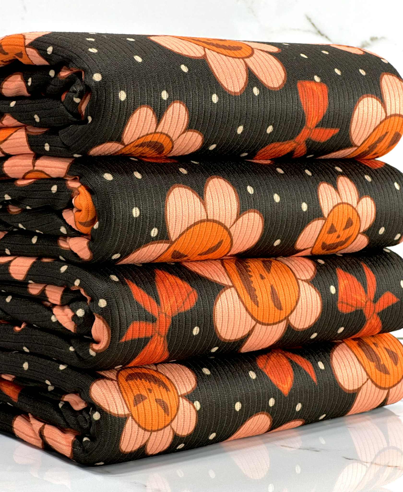 (4X2 RIB) ORANGE PUMPKIN FLOWERS AND BOWS ON DARK BROWN