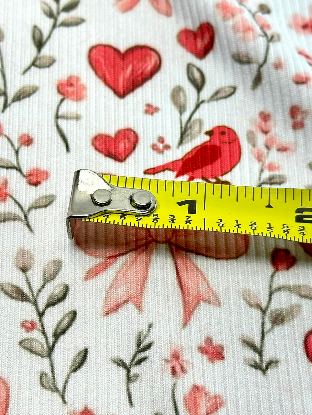 (2X2 BRUSHED RIB) HEARTS, BOWS, FLOWERS, AND RED BIRDS ON OFF WHITE