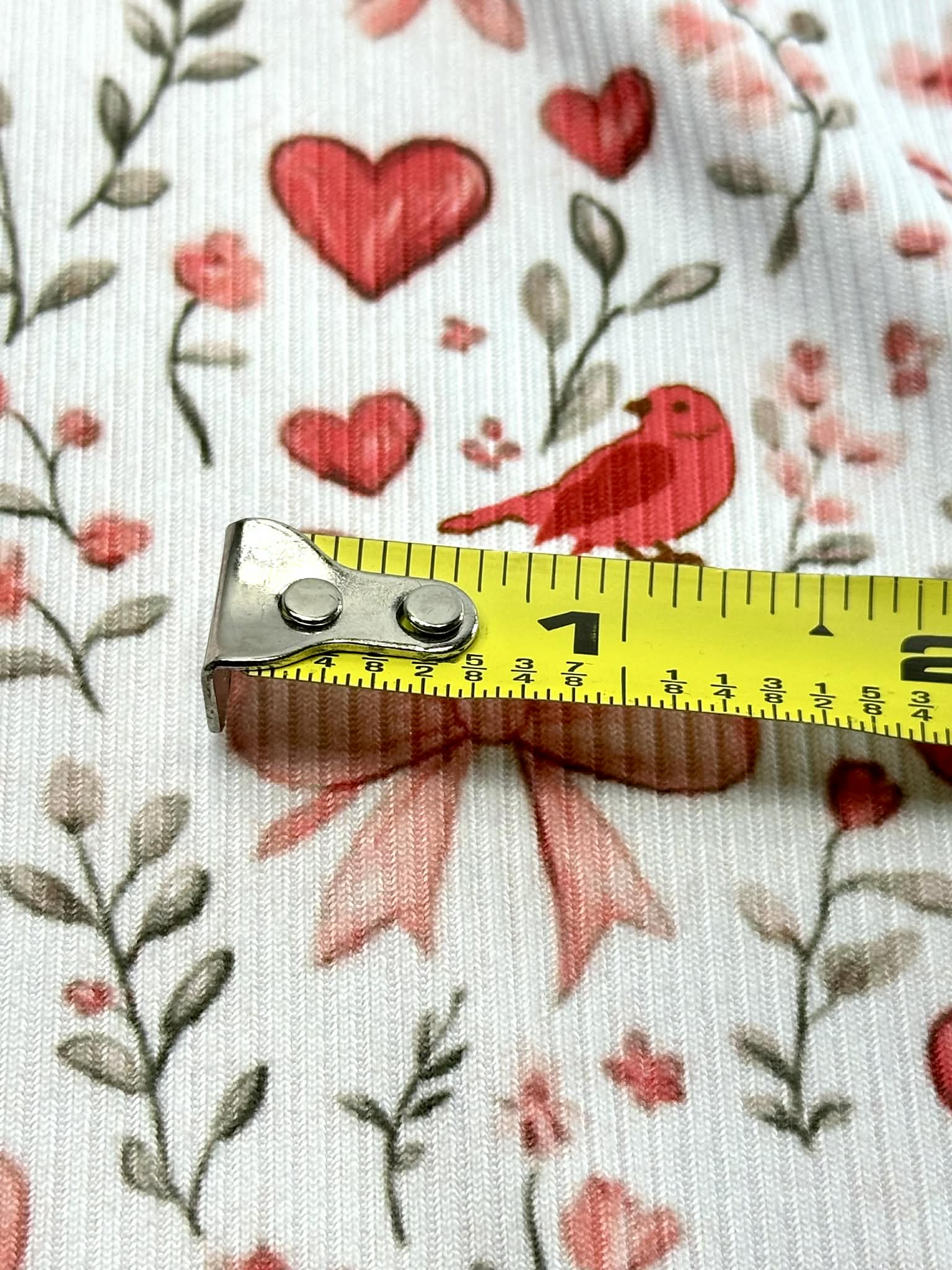 (2X2 BRUSHED RIB) HEARTS, BOWS, FLOWERS, AND RED BIRDS ON OFF WHITE