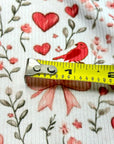 (2X2 BRUSHED RIB) HEARTS, BOWS, FLOWERS, AND RED BIRDS ON OFF WHITE