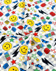 (FRENCH TERRY) YELLOW HAPPY FACES AND SKATEBOARDS ON SILVER CHECKERED WAVE