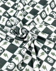 (FRENCH TERRY) DARK GREEN GAMER AND HAPPY FACES CHECKERED PRINT