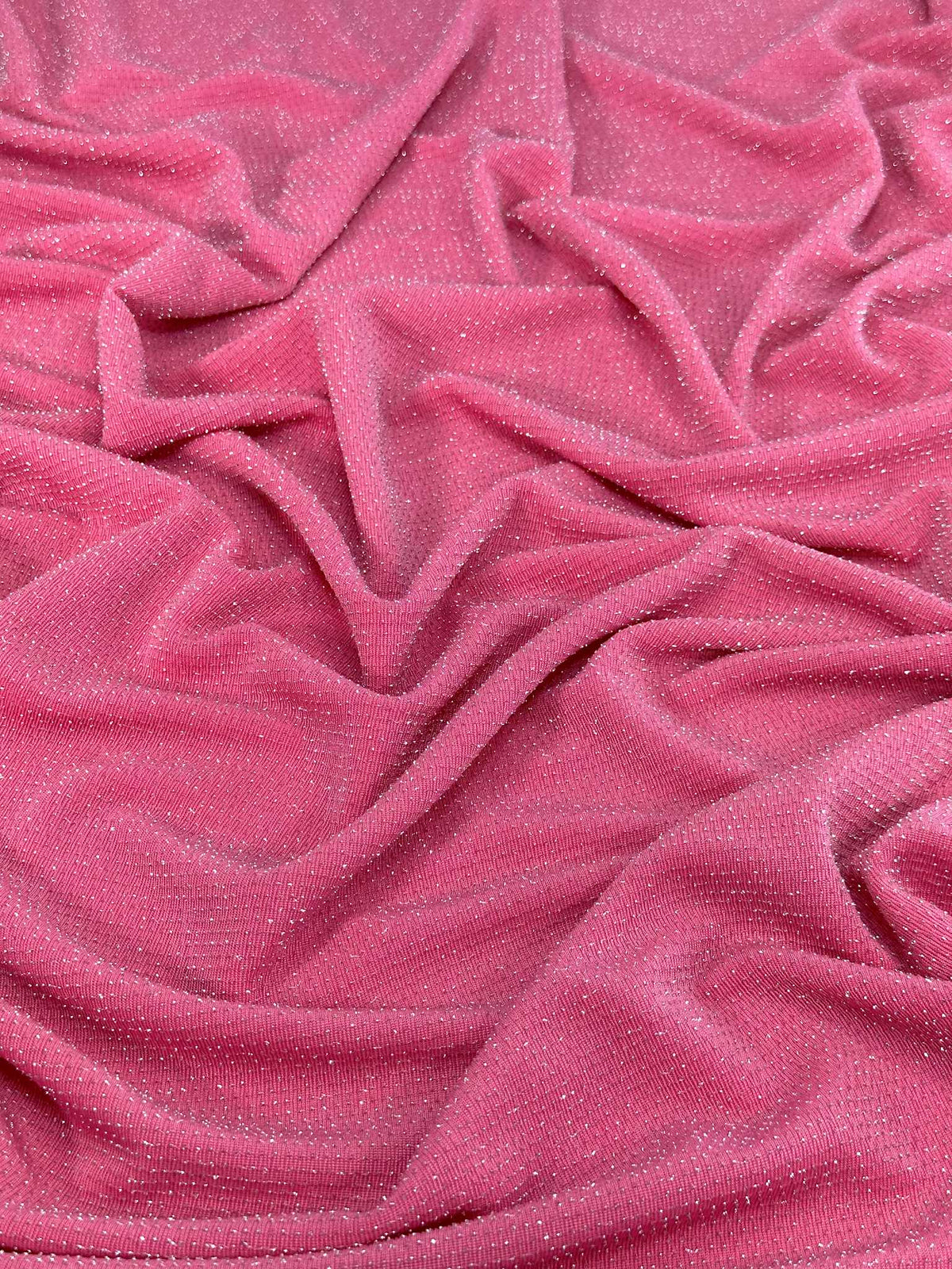(LUREX NYLON SPANDEX) METALLIC POLKA DOT SILVER SHIMMER ON PINK (1)