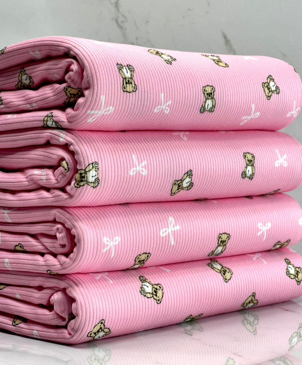 (2X2 BRUSHED RIB) TEDDY BEARS AND BOWS ON PINK