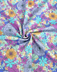 (THERMAL) PURPLE, AQUA BLUE AND MUSTARD YELLOW FLOWERS ON OFF WHITE