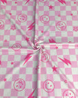 (YUMMY RIB) PINK STARS, HAPPY FACES, AND LIGHTNING ON LIGHT PINK CHECKERED