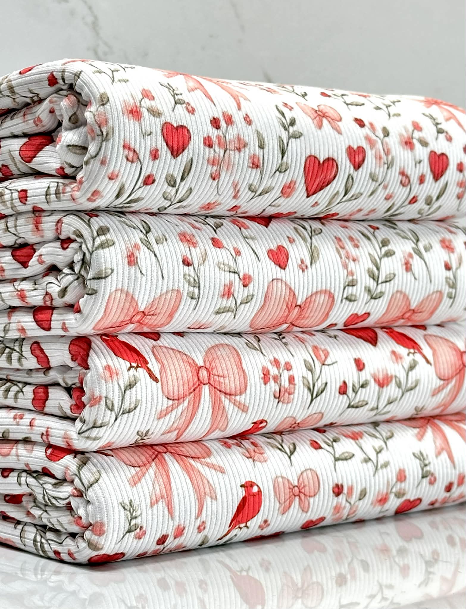 (2X2 BRUSHED RIB) HEARTS, BOWS, FLOWERS, AND RED BIRDS ON OFF WHITE