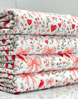 (2X2 BRUSHED RIB) HEARTS, BOWS, FLOWERS, AND RED BIRDS ON OFF WHITE