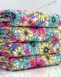 (YUMMY RIB) NEW MINT, LIGHT YELLOW AND FUCHSIA FLOWERS ON WHITE (3)