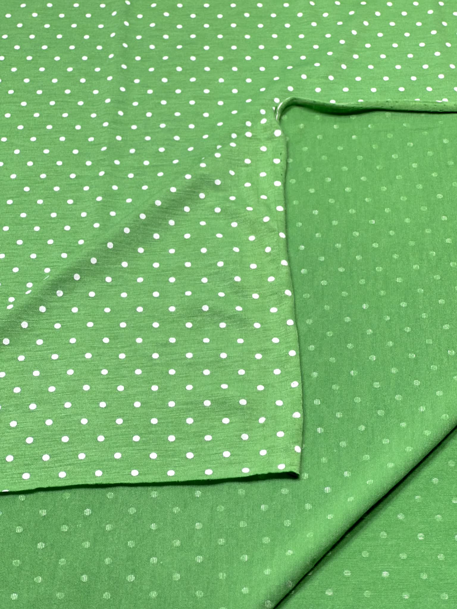 (KNIT) TINY OFF WHITE POLKA DOTS ON GREEN