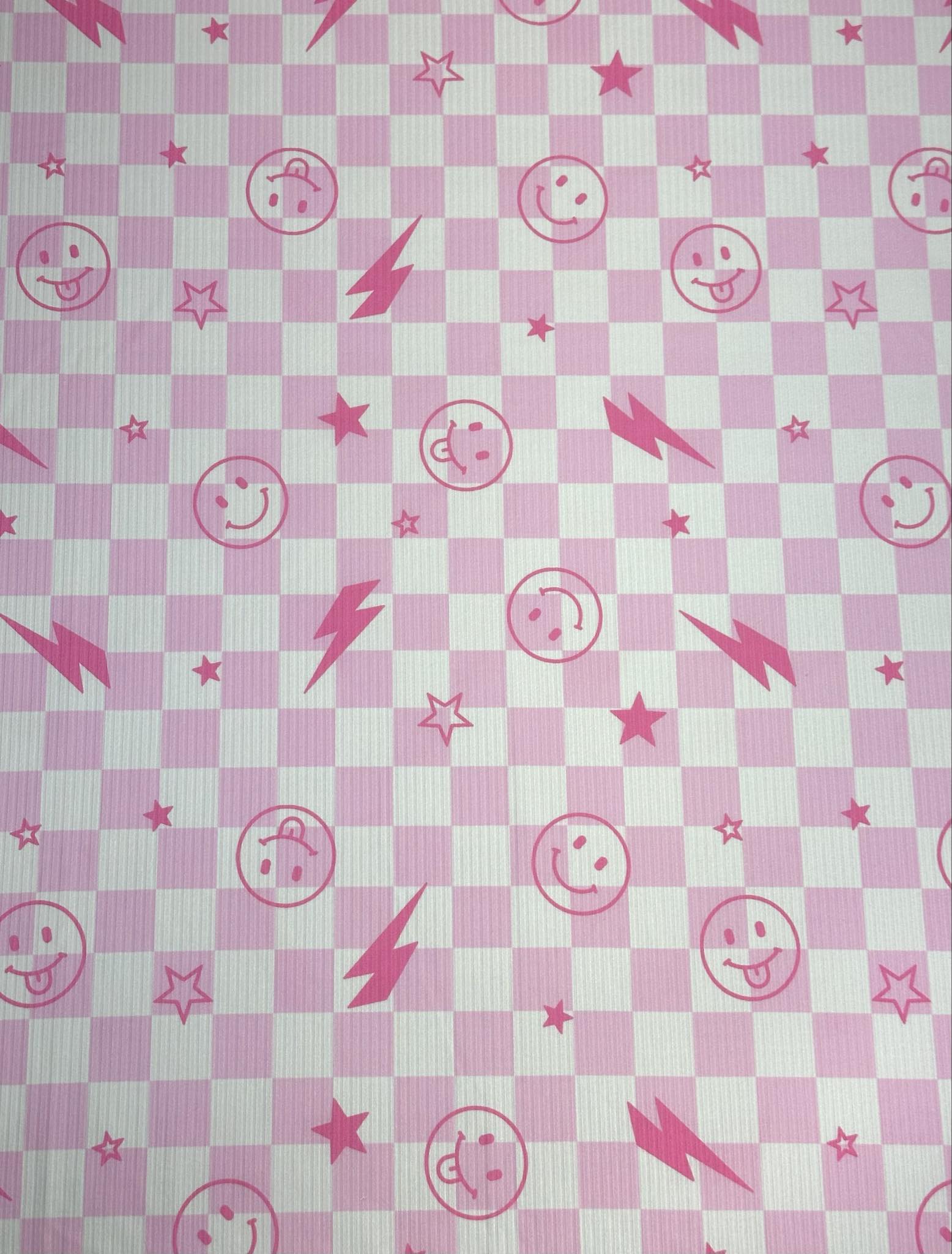 (YUMMY RIB) PINK STARS, HAPPY FACES, AND LIGHTNING ON LIGHT PINK CHECKERED