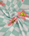 (FRENCH TERRY) LIGHT AQUA CHECKERED WAVE AND PINK HAPPY FACE FLOWERS