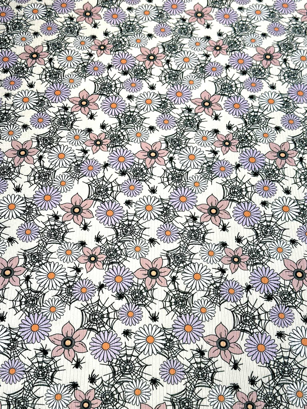 (4X2 RIB) SPIDERWEBS, FLOWERS, AND SPIDERS ON LIGHT CREAM