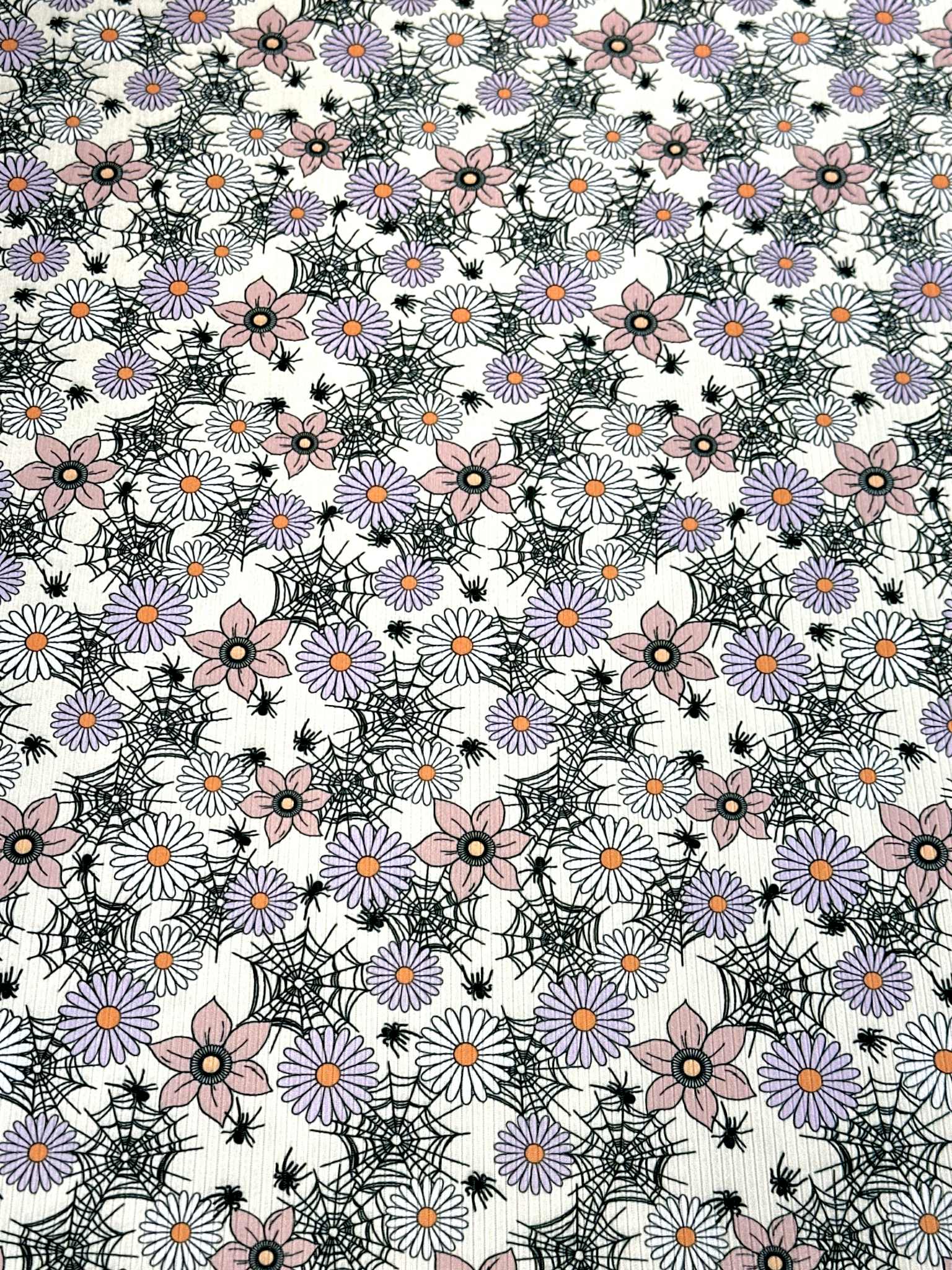 (4X2 RIB) SPIDERWEBS, FLOWERS, AND SPIDERS ON LIGHT CREAM