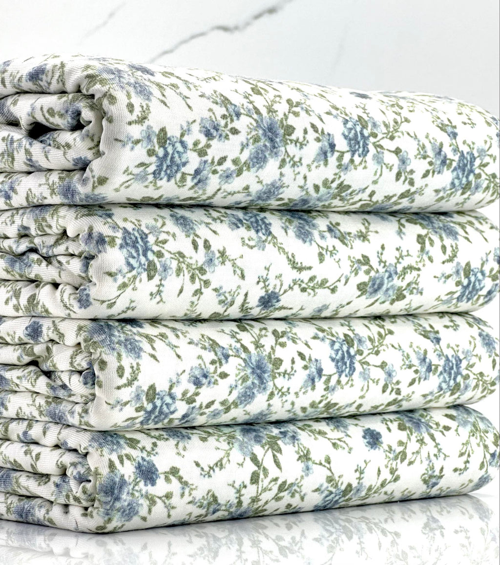 (RAYON MODAL) SMALL VINTAGE BLUE FLORAL ON OFF WHITE
