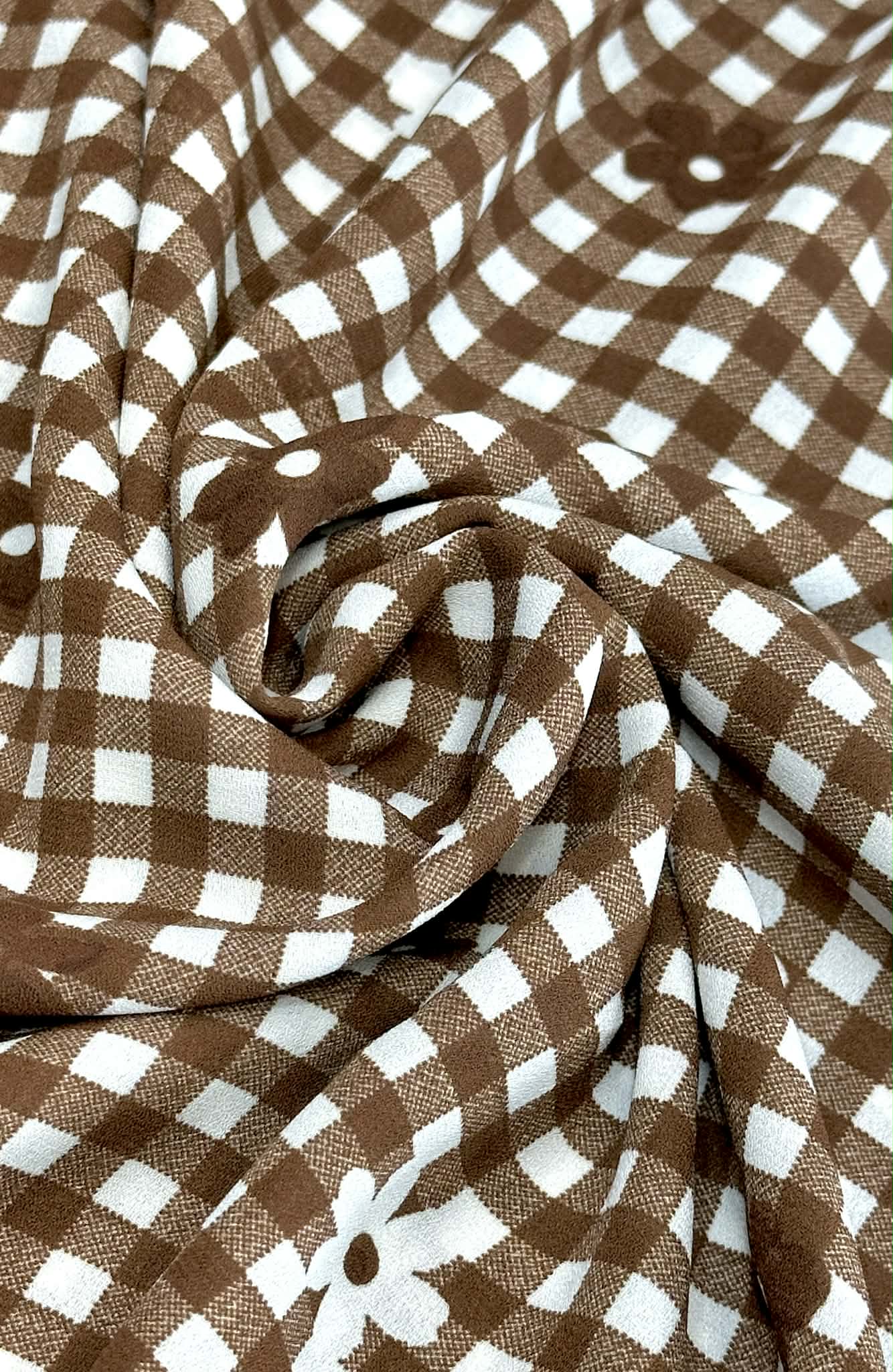 (WOVEN) BROWN AND OFF WHITE GINGHAM WITH FLOWERS