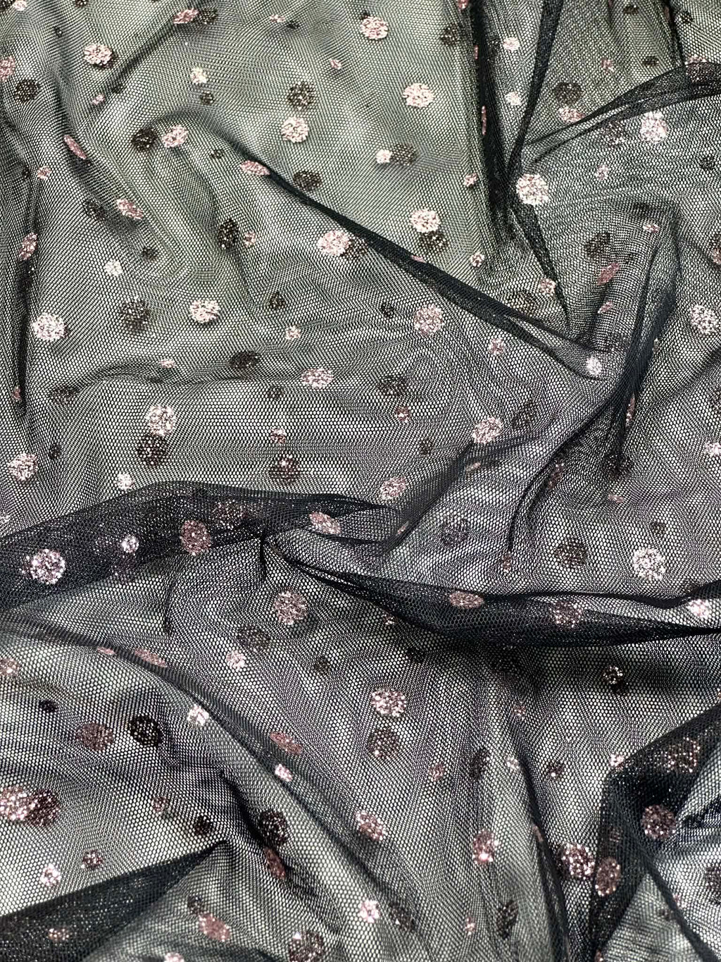 (MESH) PINK GLITTER POLKA DOTS ON BLACK