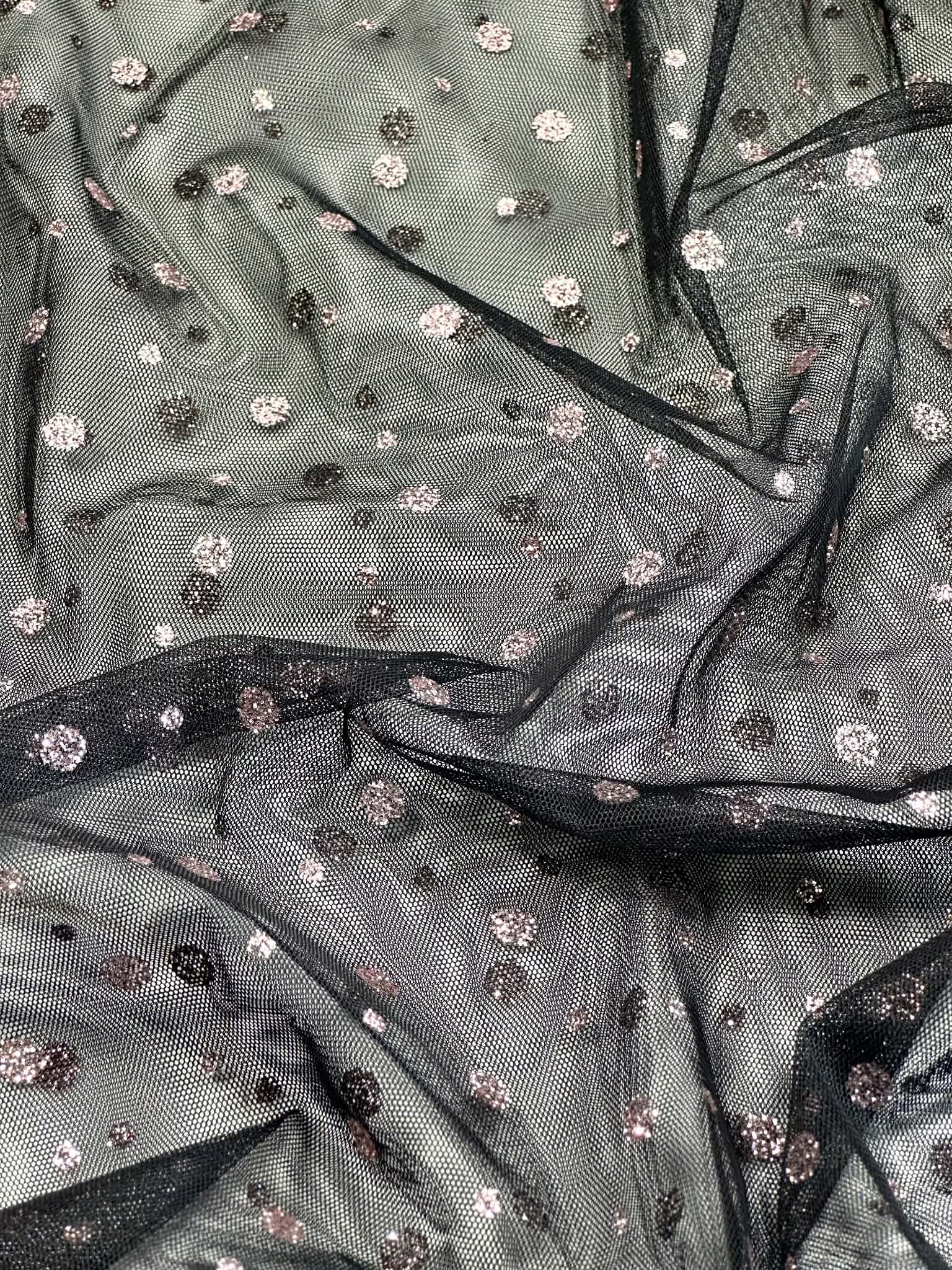 (MESH) PINK GLITTER POLKA DOTS ON BLACK