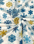 (DBP) BLUE AND GOLD SNOWFLAKES ON OFF WHITE