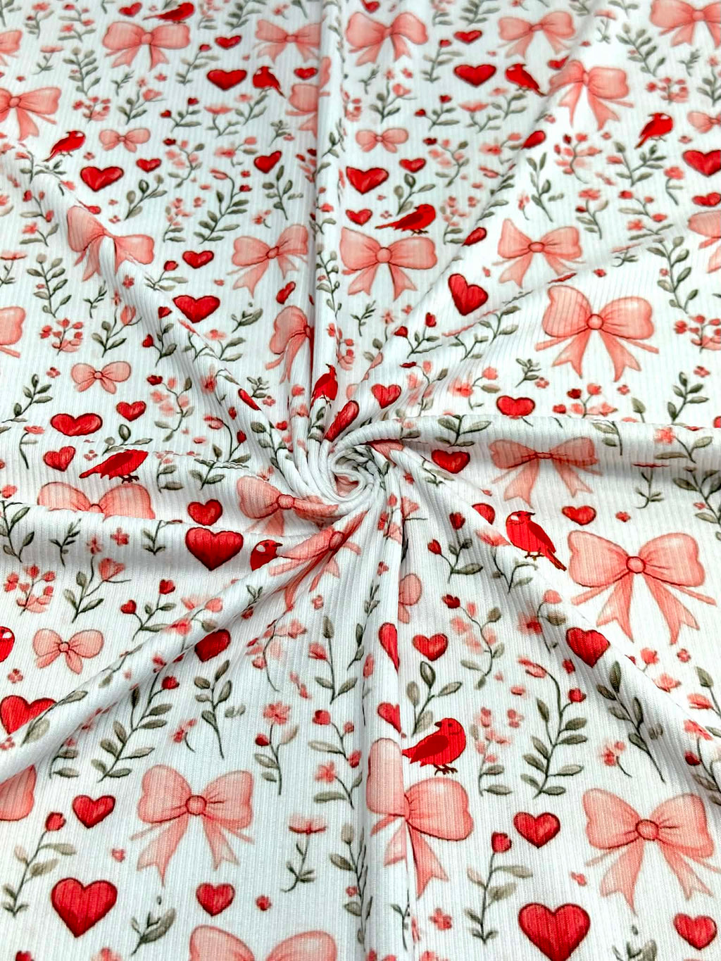 (2X2 BRUSHED RIB) HEARTS, BOWS, FLOWERS, AND RED BIRDS ON OFF WHITE