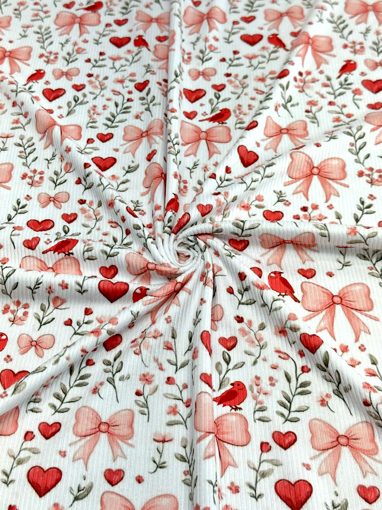 (2X2 BRUSHED RIB) HEARTS, BOWS, FLOWERS, AND RED BIRDS ON OFF WHITE