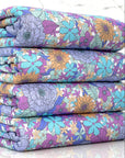 (THERMAL) PURPLE, AQUA BLUE AND MUSTARD YELLOW FLOWERS ON OFF WHITE