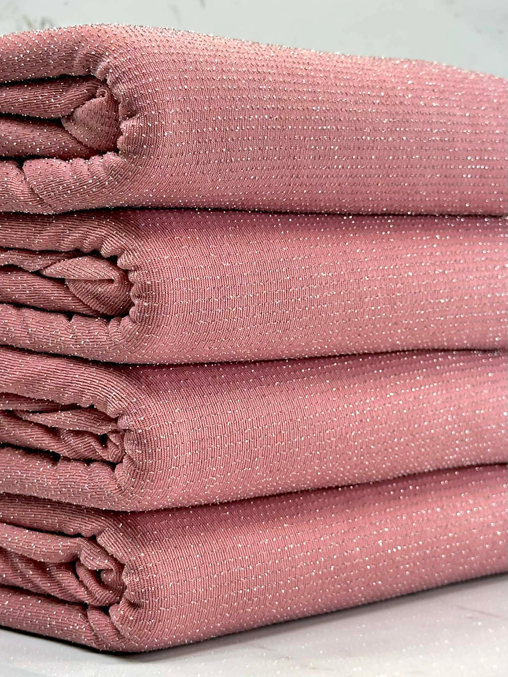 (LUREX NYLON SPANDEX) METALLIC POLKA DOT SILVER SHIMMER ON DUSTY PINK