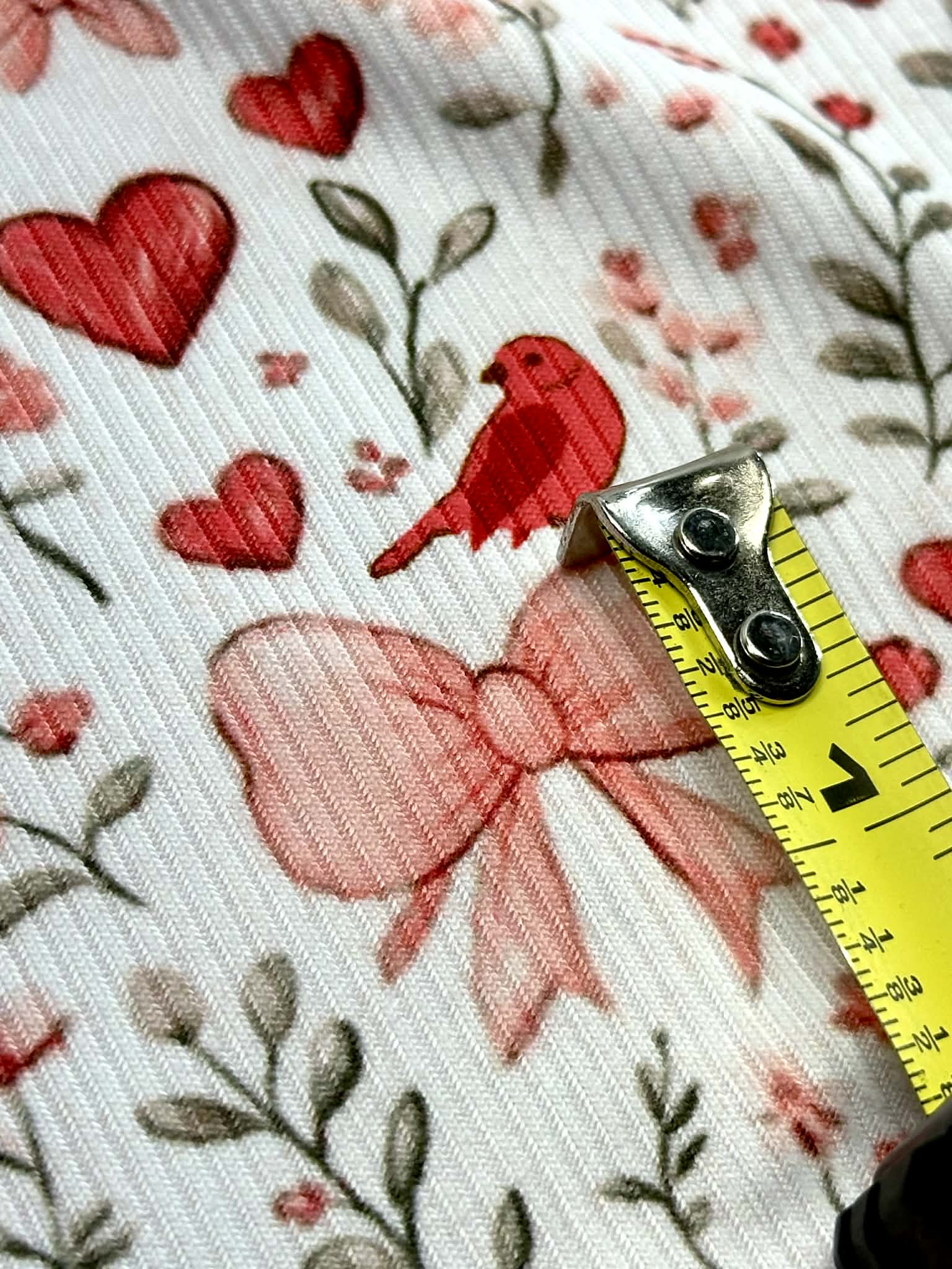 (2X2 BRUSHED RIB) HEARTS, BOWS, FLOWERS, AND RED BIRDS ON OFF WHITE