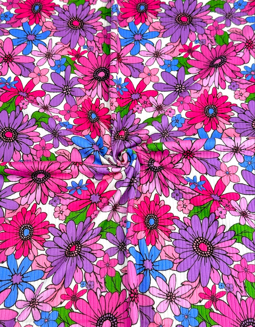 (YUMMY RIB) MAGENTA, PURPLE, FUCHSIA AND BLUE FLOWERS ON WHITE(2)